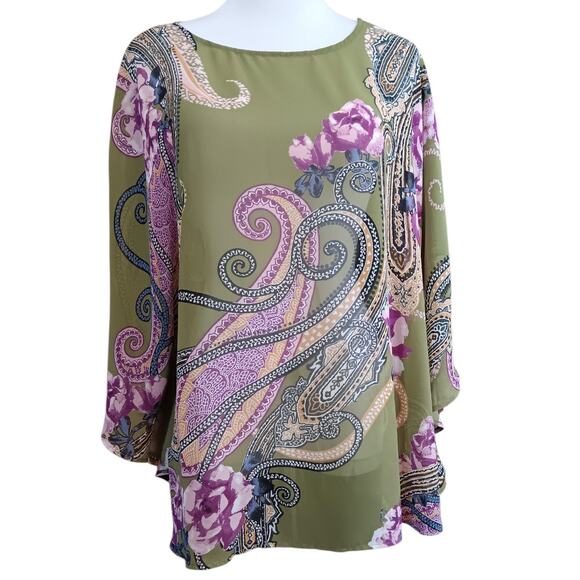 BOB MACKIE Kimono Artsy Floral Large Sheer Poncho Roses Paisley Dressy Green - Picture 7 of 10